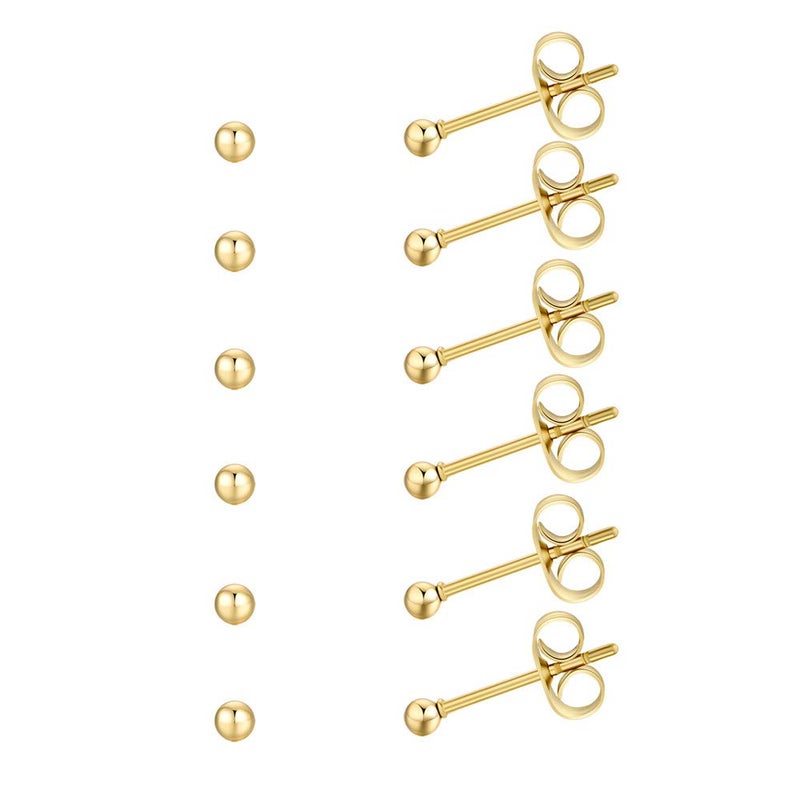 FOSIR 6 Pair Tiny Women 14K Gold Plated Ball Stud Earrings Surgical Stainless Steel Earrings Set (2mm, Gold) - Image 2